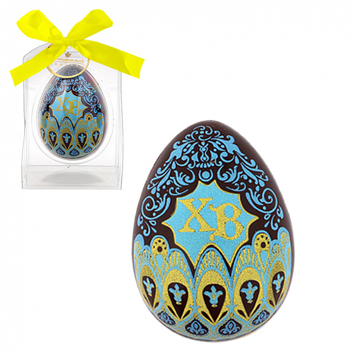 Яйцо из горького шоколада ХВ (синий орнамент) желтая лента 30г