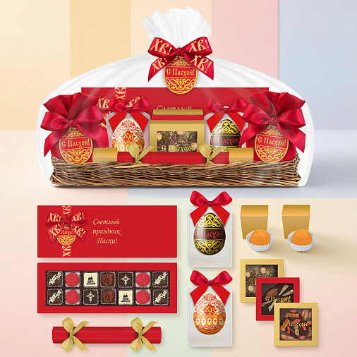Пасхальная корзина с шоколадом и конфетами ручной работы 665г
