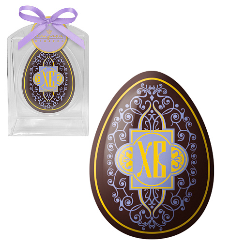 Яйцо из горького шоколада ХВ (сиреневый орнамент) сиреневая лента 30г