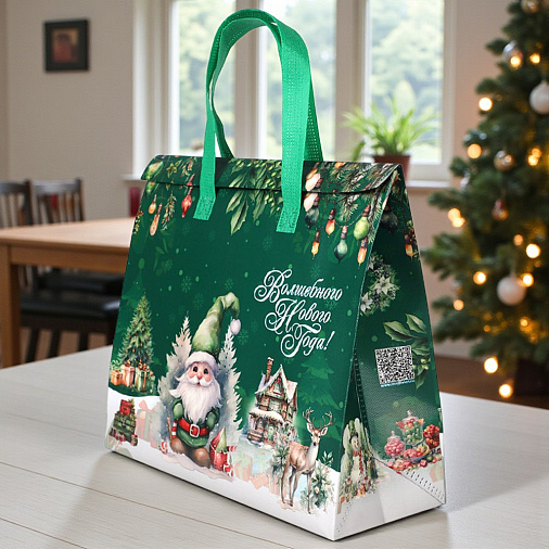 Термопакет зеленый "С Новым годом" 35х30х13 см (застежка липучка многоразовая)