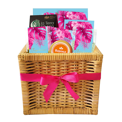 Подарочная корзина: шоколад, мармелад, конфеты ассорти, варенье, чайный напиток