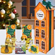 Новогодний домик с конфетами: ассорти, мармелад, драже, мед, чай 565г