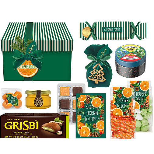 Новогодний набор конфет: ассорти, мармелад-суфле, меренги, драже, мед, печенье, чай 920г