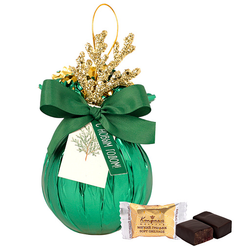 Ёлочный шар с конфетами мягкий грильяж зеленый 110г