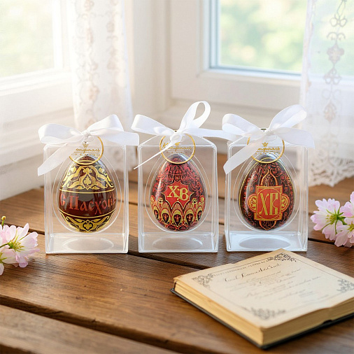 Пасхальный набор 3 яйца молочный шоколад (красно-желтый орнамент)