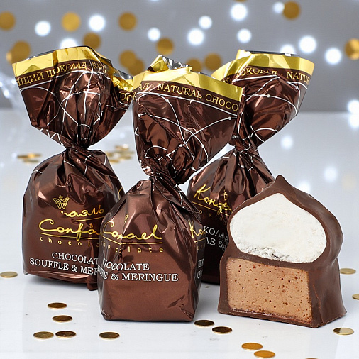 Новогодний набор двуслойных конфет суфле + безе в горьком шоколаде 215г