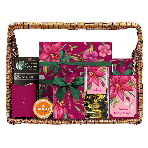 Подарочная корзина: конфеты глазированные, конфеты "Ассорти", варенье, чайный напиток