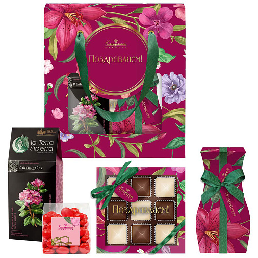 Подарочный набор: драже, конфеты ассорти, мармелад, чай (цветочная коллекция)
